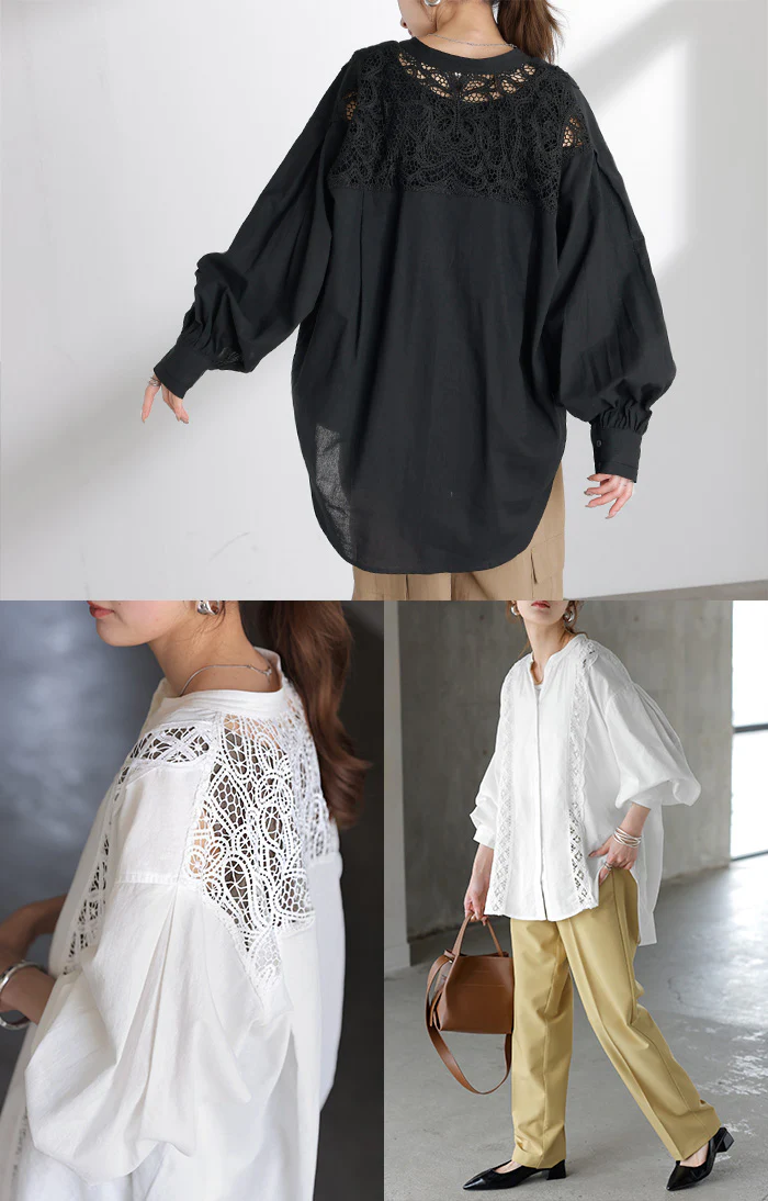 2026SS新作 シャツ レース 刺繍 ドッキング レディース ■一部7月中旬入荷 トップス ロング ブラウス ロングシャツ レースシャツ チュニック 羽織 長袖 スキッパー Vネック ボリュームスリーブ ぽわん袖 貝ボタン きれいめ ゆったり 体型カバー 大きいサイズ お尻隠れる 黒 白 春 夏 HUG.U - Image 19
