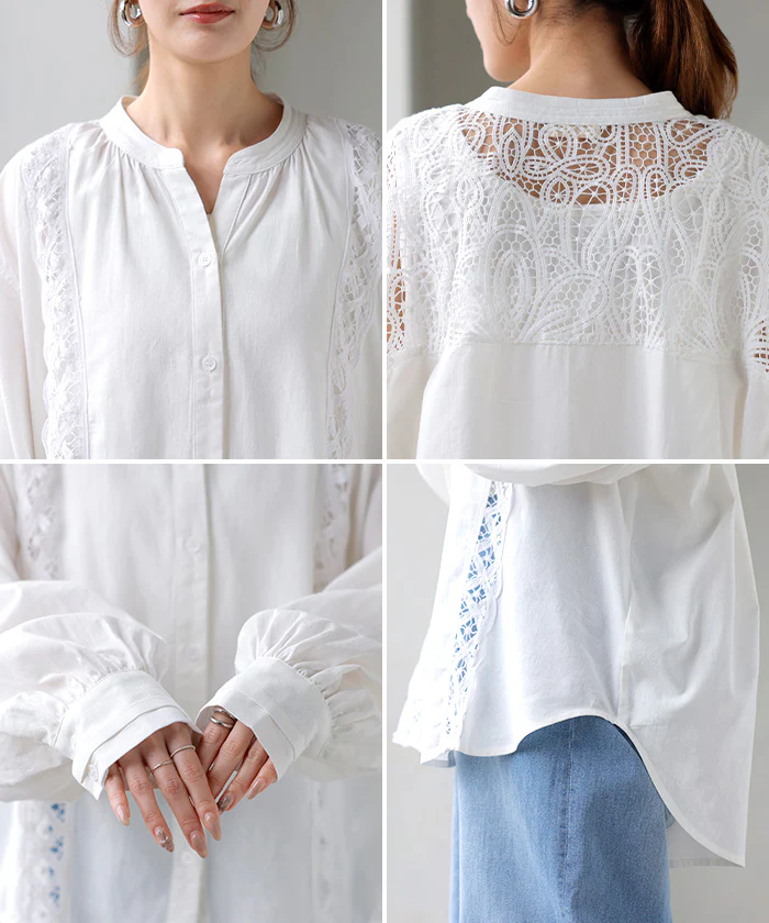 2026SS新作 シャツ レース 刺繍 ドッキング レディース ■一部7月中旬入荷 トップス ロング ブラウス ロングシャツ レースシャツ チュニック 羽織 長袖 スキッパー Vネック ボリュームスリーブ ぽわん袖 貝ボタン きれいめ ゆったり 体型カバー 大きいサイズ お尻隠れる 黒 白 春 夏 HUG.U - Image 22