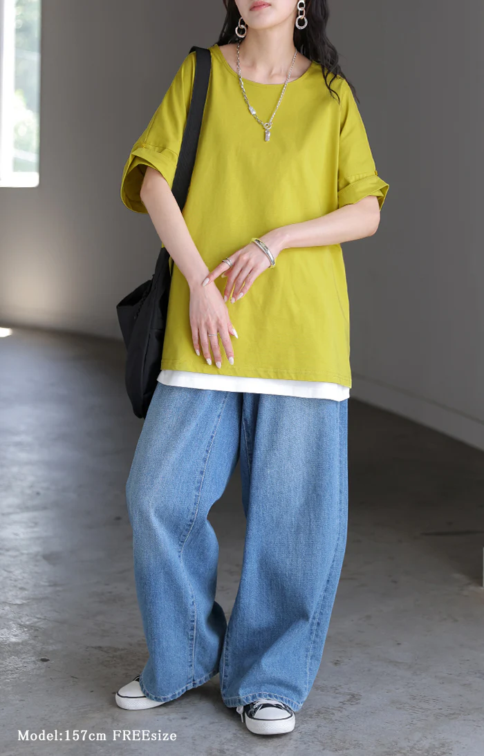 2026SS新作 Tシャツ 「体感-2℃」接触冷感 ■一部7月中旬入荷 レディース トップス 半袖 ロング カットソー チュニック ロールアップ 袖 袖2WAY クルーネック 涼しい ひんやり イージーケア 型崩れしない 綿 半袖 無地 ゆったり 体型カバー おしゃれ お尻が隠れる 黒 白 春 夏 HUG.U メール便 - Image 18