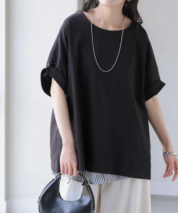 2026SS新作 Tシャツ 「体感-2℃」接触冷感 ■一部7月中旬入荷 レディース トップス 半袖 ロング カットソー チュニック ロールアップ 袖 袖2WAY クルーネック 涼しい ひんやり イージーケア 型崩れしない 綿 半袖 無地 ゆったり 体型カバー おしゃれ お尻が隠れる 黒 白 春 夏 HUG.U メール便 - Image 29