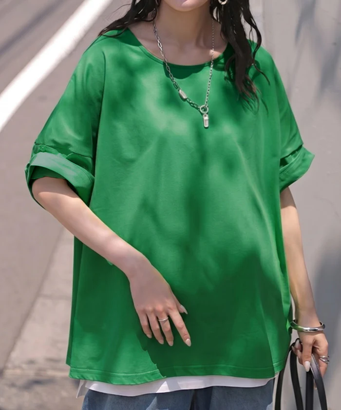 2026SS新作 Tシャツ 「体感-2℃」接触冷感 ■一部7月中旬入荷 レディース トップス 半袖 ロング カットソー チュニック ロールアップ 袖 袖2WAY クルーネック 涼しい ひんやり イージーケア 型崩れしない 綿 半袖 無地 ゆったり 体型カバー おしゃれ お尻が隠れる 黒 白 春 夏 HUG.U メール便 - Image 31
