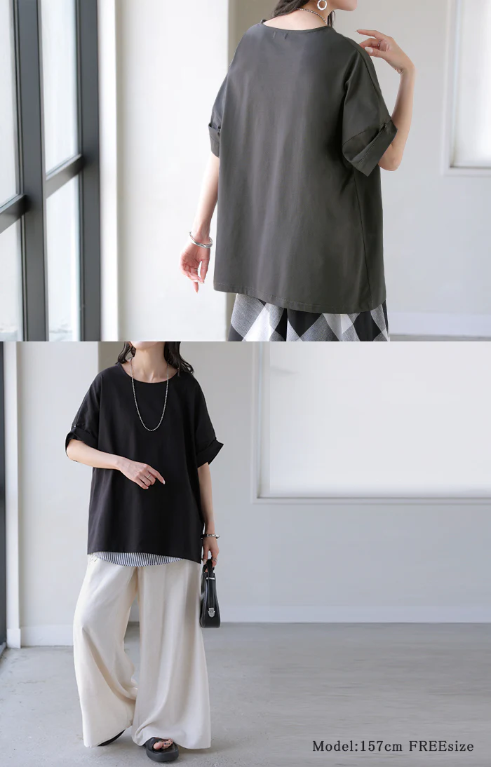 2026SS新作 Tシャツ 「体感-2℃」接触冷感 ■一部7月中旬入荷 レディース トップス 半袖 ロング カットソー チュニック ロールアップ 袖 袖2WAY クルーネック 涼しい ひんやり イージーケア 型崩れしない 綿 半袖 無地 ゆったり 体型カバー おしゃれ お尻が隠れる 黒 白 春 夏 HUG.U メール便 - Image 6