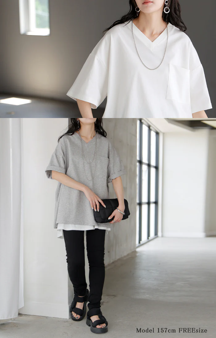 2026SS新作 Tシャツ 「汗ジミ軽減」 綿100 ■一部7月中旬入荷 レディース トップス ロング ティーシャツ チュニック プルオーバー オーバー ビッグ Vネック 吸水 撥水 ヨレにくい 脇汗 汗 背中 猛暑 薄手 半袖 カジュアル ゆったり 体型カバー お尻が隠れる 無地 黒 白 春 夏 HUG.U メール便 - Image 21