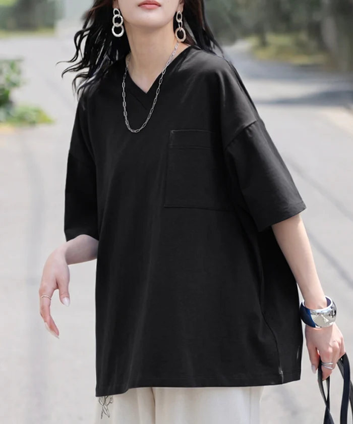2026SS新作 Tシャツ 「汗ジミ軽減」 綿100 ■一部7月中旬入荷 レディース トップス ロング ティーシャツ チュニック プルオーバー オーバー ビッグ Vネック 吸水 撥水 ヨレにくい 脇汗 汗 背中 猛暑 薄手 半袖 カジュアル ゆったり 体型カバー お尻が隠れる 無地 黒 白 春 夏 HUG.U メール便 - Image 9