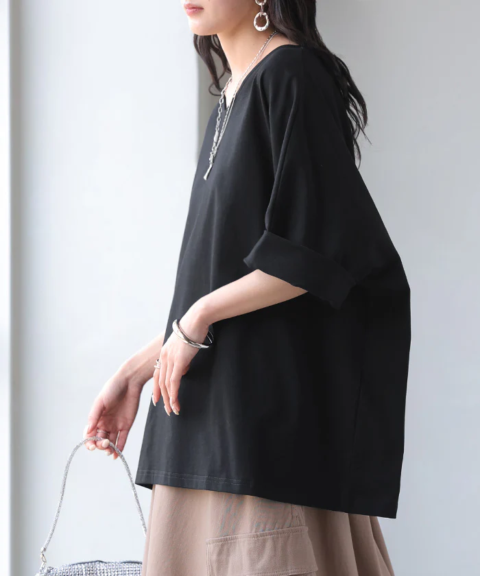 2026SS新作 Tシャツ 「汗ジミ軽減」 綿100 レディース ■一部7月中旬入荷 トップス カットソー ティーシャツ チュニック Vネック コットン 汗染み防止 吸水 撥水 脇汗 汗 背中 猛暑 半袖 七分袖 ロールアップ 薄手 オーバーサイズ ビッグ ゆったり 体型カバー 無地 黒 白 春 夏 HUG.U メール便 - Image 26