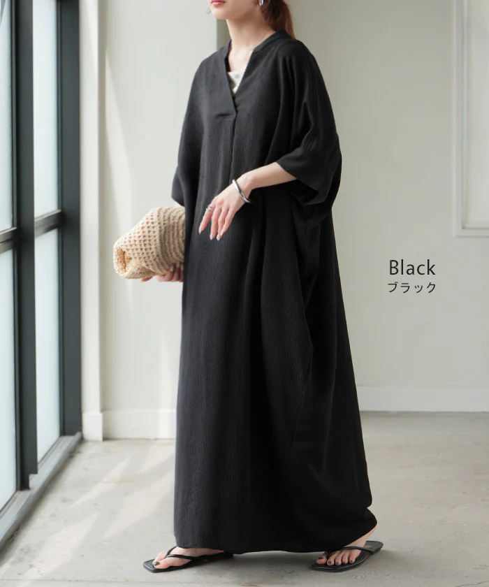 2026SS新作 ワンピース ロング 楊柳 ■7月上旬入荷 スキッパー レディース ワンピ ロングワンピース シャツワンピース ブラウス Aライン マキシ マキシワンピース 半袖 Vネック 無地 ドルマン シワにならない イージーケア 軽い ゆったり 体型カバー 黒 グレー 春 夏 HUG.U - Image 15