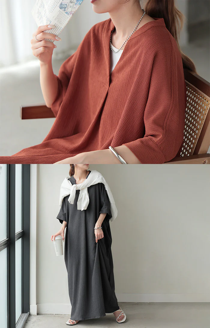 2026SS新作 ワンピース ロング 楊柳 ■7月上旬入荷 スキッパー レディース ワンピ ロングワンピース シャツワンピース ブラウス Aライン マキシ マキシワンピース 半袖 Vネック 無地 ドルマン シワにならない イージーケア 軽い ゆったり 体型カバー 黒 グレー 春 夏 HUG.U - Image 17