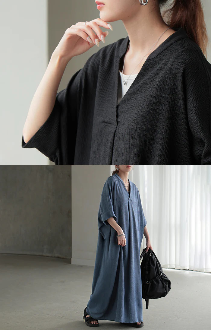 2026SS新作 ワンピース ロング 楊柳 ■7月上旬入荷 スキッパー レディース ワンピ ロングワンピース シャツワンピース ブラウス Aライン マキシ マキシワンピース 半袖 Vネック 無地 ドルマン シワにならない イージーケア 軽い ゆったり 体型カバー 黒 グレー 春 夏 HUG.U - Image 6