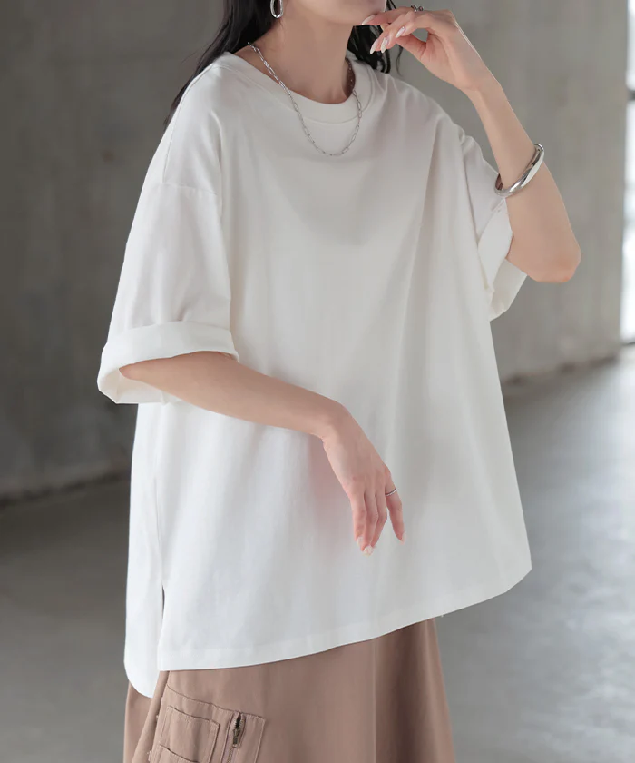 2026SS新作 Tシャツ 「汗ジミ 軽減」 レディース ■一部7月上旬入荷 トップス 半袖 クルーネック ロング チュニック ドルマン カットソー 撥水 吸水 綿100% コットン 脇汗 汗 背中 猛暑 薄手 バックシーム 体型カバー 大きいサイズ お尻が隠れる 無地 ホワイト ブラック 春 夏 HUG.U メール便 - Image 5