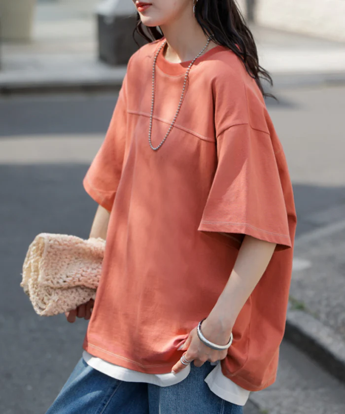 2026SS新作 Tシャツ フットボール オーバーサイズ ■一部7月中旬入荷 レディース トップス ロング ステッチ カットソー ティーシャツ チュニック ビッグ ユニセックス メンズ クルーネック 綿100 半袖 無地 配色 カジュアル ゆったり 大きめ 体型カバー お尻が隠れる 黒 白 春 夏 HUG.U メール便 - Image 29