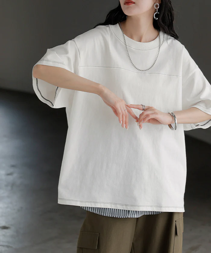 2026SS新作 Tシャツ フットボール オーバーサイズ ■一部7月中旬入荷 レディース トップス ロング ステッチ カットソー ティーシャツ チュニック ビッグ ユニセックス メンズ クルーネック 綿100 半袖 無地 配色 カジュアル ゆったり 大きめ 体型カバー お尻が隠れる 黒 白 春 夏 HUG.U メール便 - Image 30