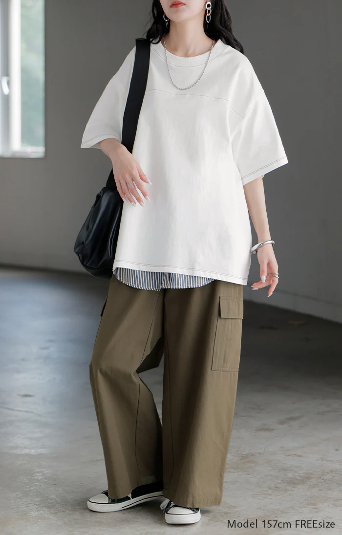 2026SS新作 Tシャツ フットボール オーバーサイズ ■一部7月中旬入荷 レディース トップス ロング ステッチ カットソー ティーシャツ チュニック ビッグ ユニセックス メンズ クルーネック 綿100 半袖 無地 配色 カジュアル ゆったり 大きめ 体型カバー お尻が隠れる 黒 白 春 夏 HUG.U メール便 - Image 4