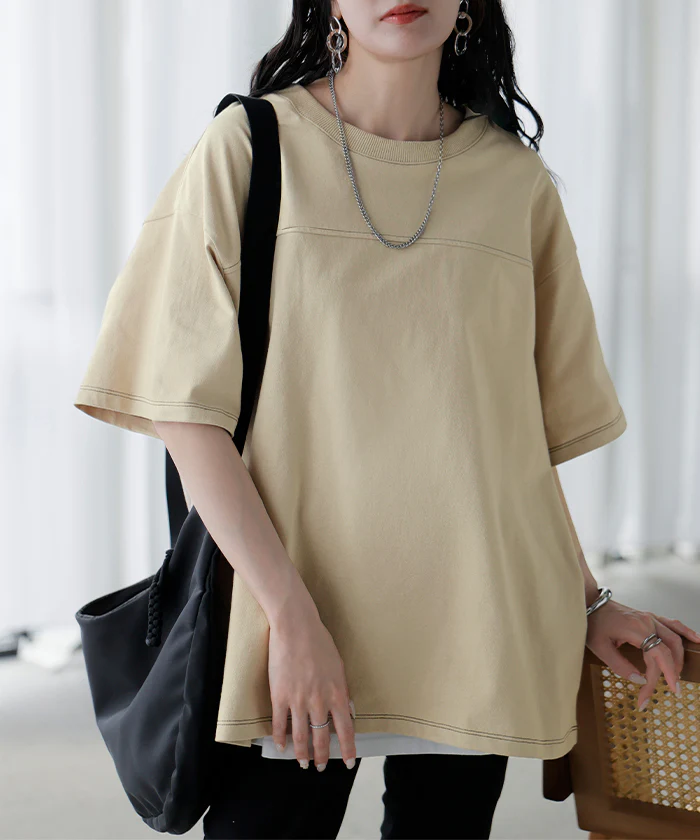 2026SS新作 Tシャツ フットボール オーバーサイズ ■一部7月中旬入荷 レディース トップス ロング ステッチ カットソー ティーシャツ チュニック ビッグ ユニセックス メンズ クルーネック 綿100 半袖 無地 配色 カジュアル ゆったり 大きめ 体型カバー お尻が隠れる 黒 白 春 夏 HUG.U メール便 - Image 5