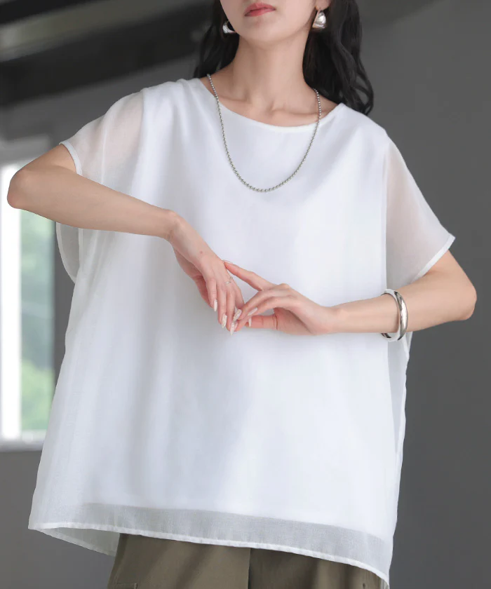 2026SS新作 Tシャツ シアー レディース ■7月中旬入荷 トップス ブラウス シャツ タンクトップ 一体型 接触冷感 シースルー チュニック カットソー ティーシャツ インナーセット キャミソール クルーネック 涼しい ひんやり 薄手 半袖 無地 ゆったり 体型カバー 黒 白 春 夏 HUG.U - Image 30