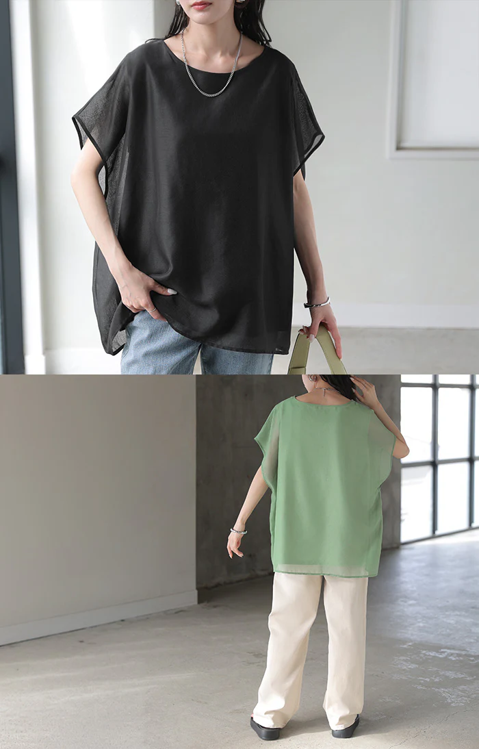 2026SS新作 Tシャツ シアー レディース ■7月中旬入荷 トップス ブラウス シャツ タンクトップ 一体型 接触冷感 シースルー チュニック カットソー ティーシャツ インナーセット キャミソール クルーネック 涼しい ひんやり 薄手 半袖 無地 ゆったり 体型カバー 黒 白 春 夏 HUG.U - Image 6