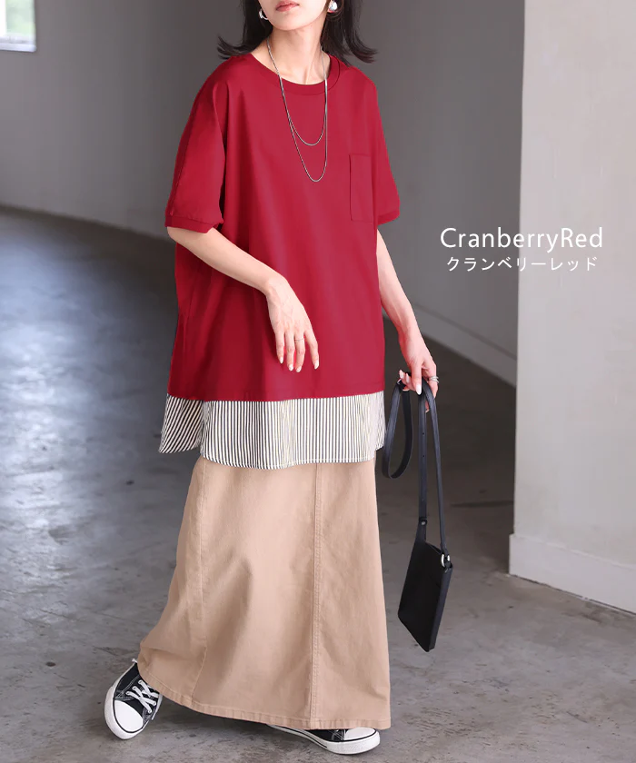 2026SS新作 Tシャツ 「重ね着風」 接触冷感 ■一部7月中旬入荷 UVカット 抗菌加工 レディース トップス ロング カットソー ティーシャツ チュニック ストライプ 柄 クルーネック レイヤード ポケット ストレッチ 薄め 半袖 ゆったり 体型カバー お尻が隠れる 無地 黒 白 春 夏 HUG.U - Image 13