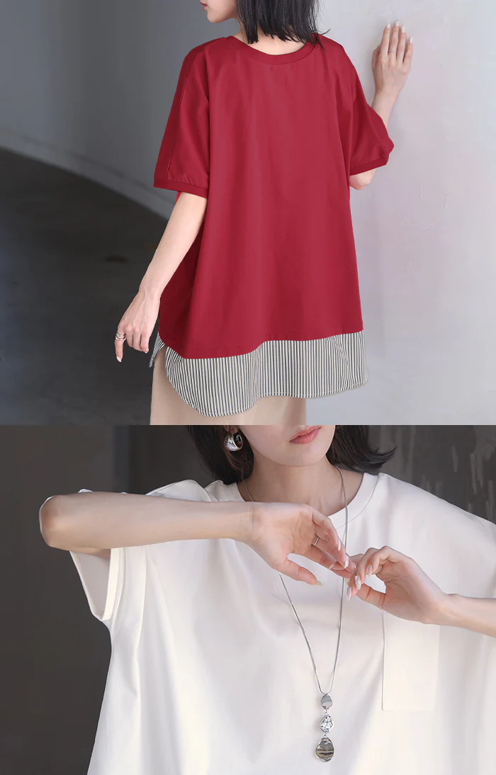 2026SS新作 Tシャツ 「重ね着風」 接触冷感 ■一部7月中旬入荷 UVカット 抗菌加工 レディース トップス ロング カットソー ティーシャツ チュニック ストライプ 柄 クルーネック レイヤード ポケット ストレッチ 薄め 半袖 ゆったり 体型カバー お尻が隠れる 無地 黒 白 春 夏 HUG.U - Image 17