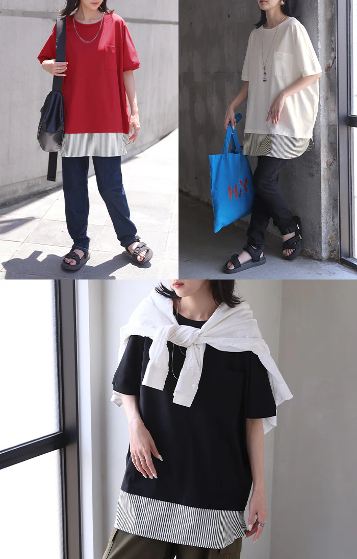 2026SS新作 Tシャツ 「重ね着風」 接触冷感 ■一部7月中旬入荷 UVカット 抗菌加工 レディース トップス ロング カットソー ティーシャツ チュニック ストライプ 柄 クルーネック レイヤード ポケット ストレッチ 薄め 半袖 ゆったり 体型カバー お尻が隠れる 無地 黒 白 春 夏 HUG.U - Image 20