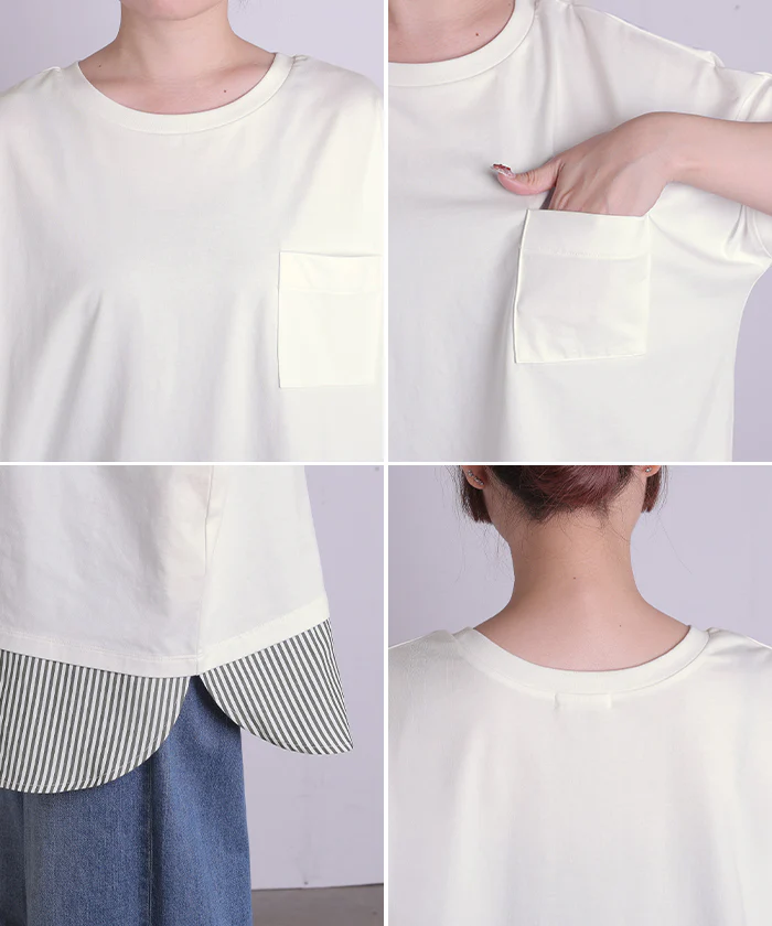 2026SS新作 Tシャツ 「重ね着風」 接触冷感 ■一部7月中旬入荷 UVカット 抗菌加工 レディース トップス ロング カットソー ティーシャツ チュニック ストライプ 柄 クルーネック レイヤード ポケット ストレッチ 薄め 半袖 ゆったり 体型カバー お尻が隠れる 無地 黒 白 春 夏 HUG.U - Image 22