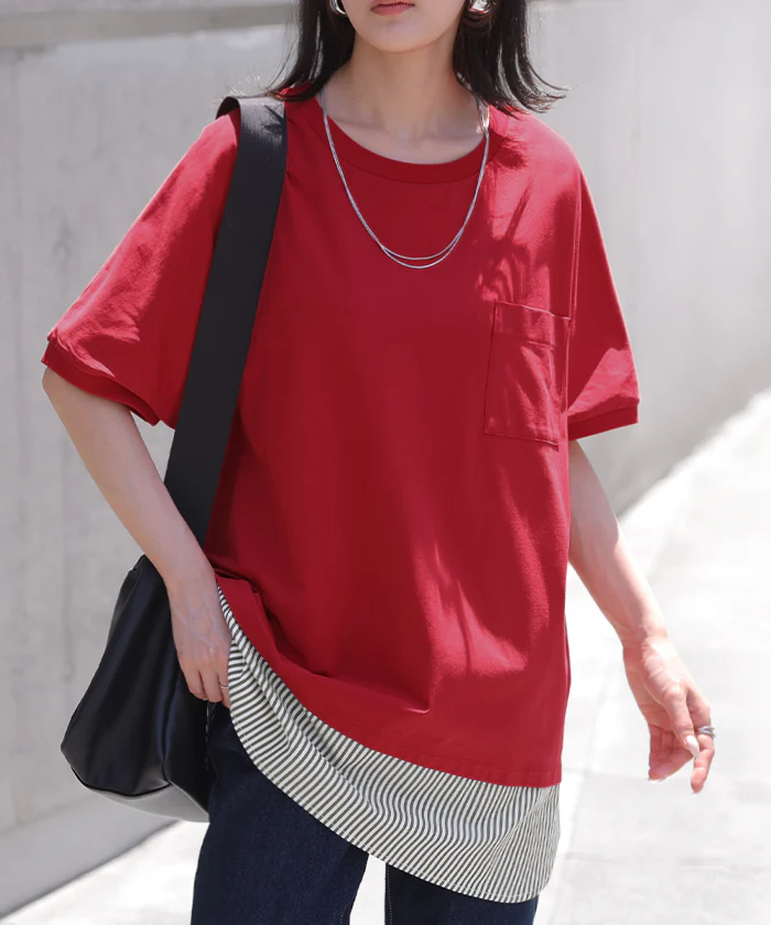 2026SS新作 Tシャツ 「重ね着風」 接触冷感 ■一部7月中旬入荷 UVカット 抗菌加工 レディース トップス ロング カットソー ティーシャツ チュニック ストライプ 柄 クルーネック レイヤード ポケット ストレッチ 薄め 半袖 ゆったり 体型カバー お尻が隠れる 無地 黒 白 春 夏 HUG.U - Image 27