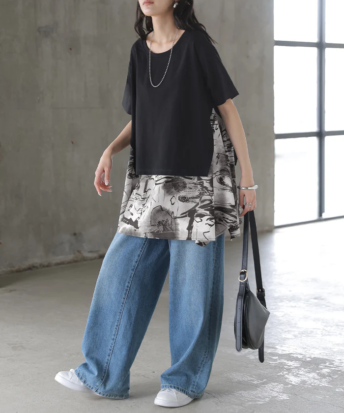 2026SS新作 Tシャツ 「重ね着風」 異素材MIX ■7月中旬入荷 トップス ブラウス ロング カットソー ドッキング チュニック フレア ビッグ スカーフ 柄 ニュアンス アシンメトリー ストレッチ 半袖 薄い 軽い お尻隠れる ゆったり 大きいサイズ 体型カバー 黒 白 春 夏 HUG.U - Image 15