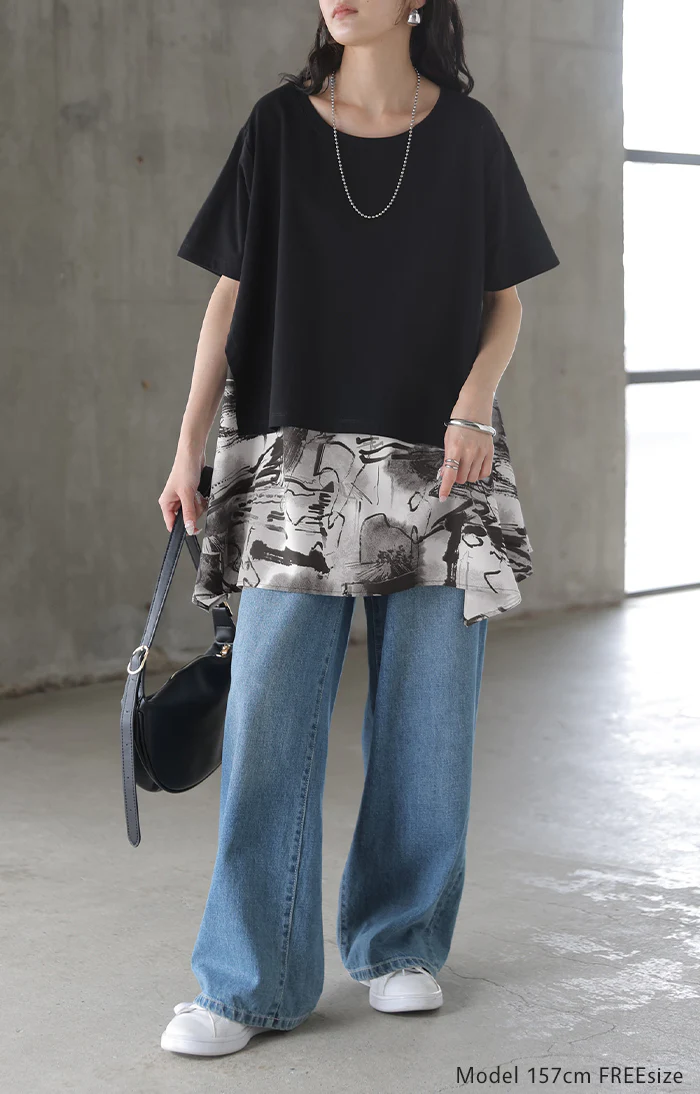 2026SS新作 Tシャツ 「重ね着風」 異素材MIX ■7月中旬入荷 トップス ブラウス ロング カットソー ドッキング チュニック フレア ビッグ スカーフ 柄 ニュアンス アシンメトリー ストレッチ 半袖 薄い 軽い お尻隠れる ゆったり 大きいサイズ 体型カバー 黒 白 春 夏 HUG.U - Image 3