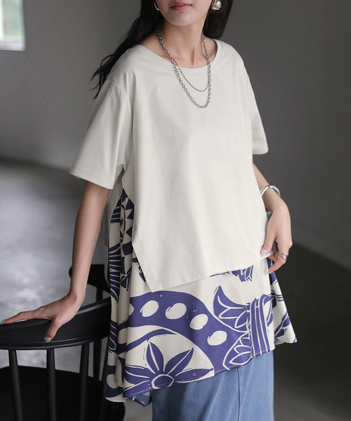 2026SS新作 Tシャツ 「重ね着風」 異素材MIX ■7月中旬入荷 トップス ブラウス ロング カットソー ドッキング チュニック フレア ビッグ スカーフ 柄 ニュアンス アシンメトリー ストレッチ 半袖 薄い 軽い お尻隠れる ゆったり 大きいサイズ 体型カバー 黒 白 春 夏 HUG.U - Image 5