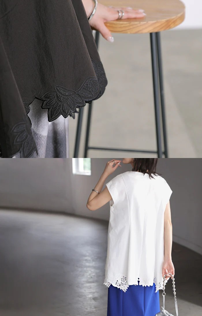 2026SS新作 ブラウス 刺繍 レース レディース トップス ベスト ジレ Vネック フレンチスリーブ フレア チュニック 半袖 フラワー シャツ レイヤード 重ね着 プルオーバー ロング 上品 カットソー きれいめ 大きいサイズ 体型カバー 変形 春 夏 ホワイト ブラック HUG.U - Image 15