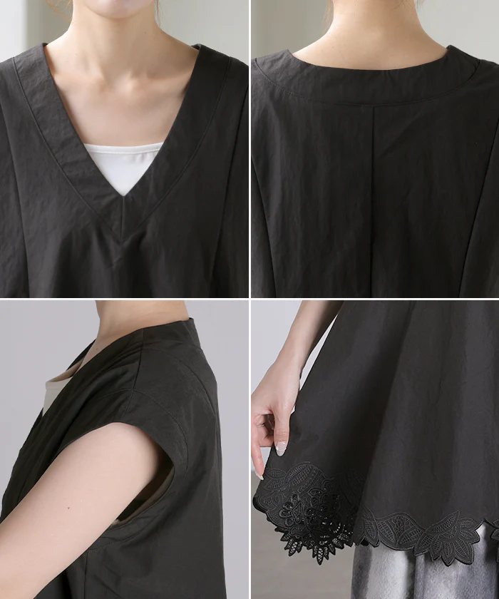 2026SS新作 ブラウス 刺繍 レース レディース トップス ベスト ジレ Vネック フレンチスリーブ フレア チュニック 半袖 フラワー シャツ レイヤード 重ね着 プルオーバー ロング 上品 カットソー きれいめ 大きいサイズ 体型カバー 変形 春 夏 ホワイト ブラック HUG.U - Image 23