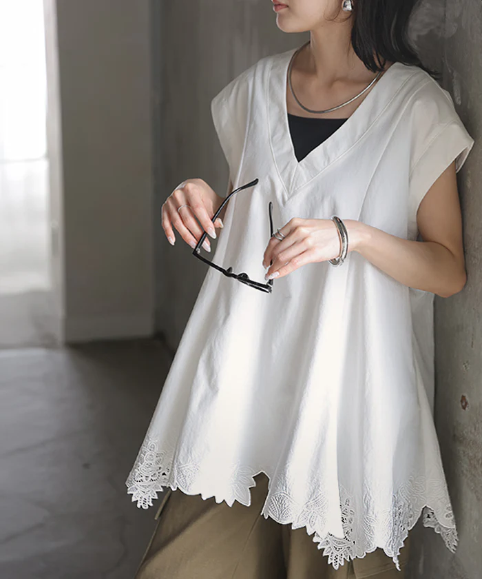 2026SS新作 ブラウス 刺繍 レース レディース トップス ベスト ジレ Vネック フレンチスリーブ フレア チュニック 半袖 フラワー シャツ レイヤード 重ね着 プルオーバー ロング 上品 カットソー きれいめ 大きいサイズ 体型カバー 変形 春 夏 ホワイト ブラック HUG.U - Image 27