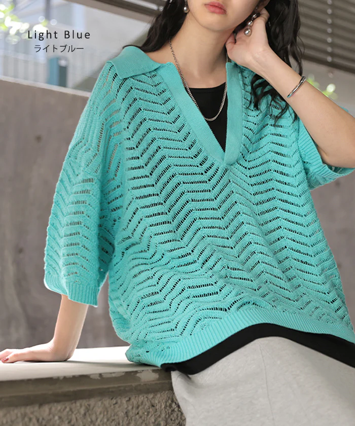 2026SS新作 ニット 透かし編み レイヤード レディース トップス 半袖 プルオーバー コットン 100% 綿 セーター お尻が隠れる 体型カバー スキッパー Vネック 襟付き 透け感 シアー 重ね着 涼しい ゆったり 大きいサイズ カジュアル ブラック ベージュ 春 夏 HUG.U - Image 15