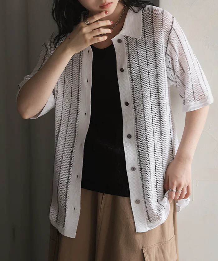 2026SS新作 ニット 透かし編み レディース ■7月上旬入荷 トップス ポロニット ロング カーディガン メッシュ シアー 襟付き 配色ライン 半袖 セーター カットソー 涼しい 薄い ストレッチ ストライプ レイヤード ポロシャツ 体型カバー カジュアル ブラック ホワイト 春 夏 HUG.U - Image 5