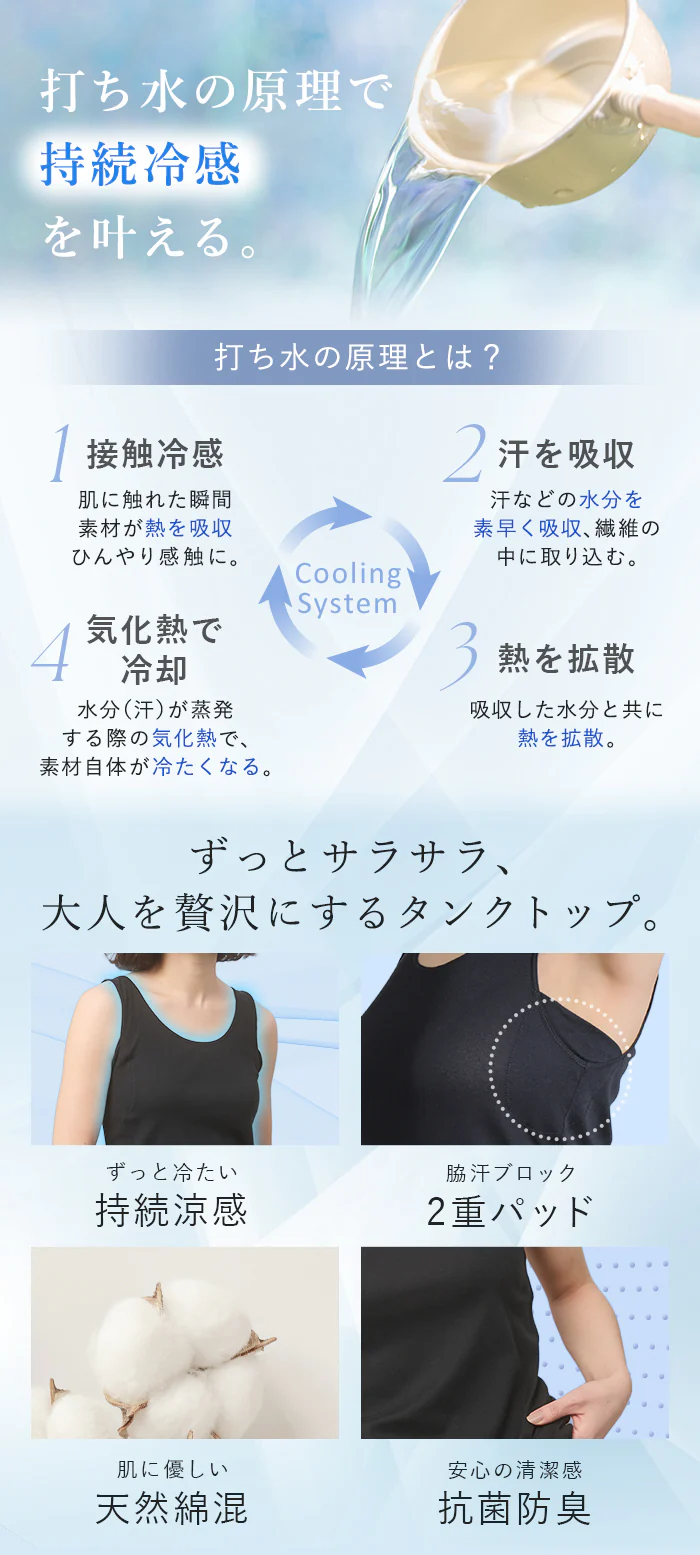 涼感 汗取り インナー タンクトップ 肌着 タンクインナー インナーシャツ ノースリーブ 下着 肌着 パッド付き レディース ブラック 黒 M L XL ブラ紐隠し 無地 抗菌防臭 吸水速乾 気化冷却 脇汗 汗取りパッド 汗じみ防止 吸汗 綿 ブラ紐 春 夏 夏インナー ESLIA エスリア メール便 - Image 4