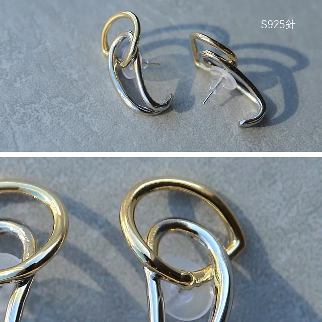 ピアス アクセサリー シルバー ゴールド コンビ イヤーカフ イヤカフ シルバーピアス ウェーブ オブジェ シルバーポスト 軟骨風 レディース シルバー925 SV925 S925 モチーフ 大ぶり 変形 おしゃれ 大きめ 個性的 女性 大人 春 夏 HUG.U メール便 - Image 9