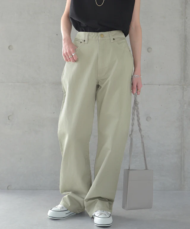”くすみカラー”パンツ 深め股上＆映えステッチ パンツ レディース ワイドパンツ ワイド カラーパンツ カラー ボトム 体型カバー ゆったり ハイウエスト ストレートパンツ 大きいサイズ 黒 白 春 夏 HUG.U - Image 5
