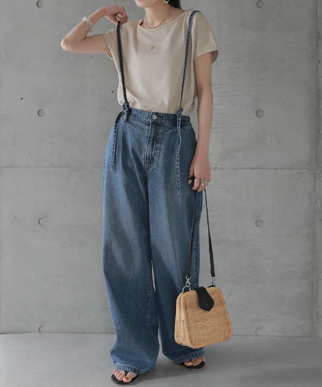 デニムライフを楽しむ2way大人サロペ レディース デニム パンツ デニムパンツ サロペット サロペ サスペンダー ワイド ワイドパンツ ボトムス 2way オーバーオール ゴム ウエストゴム 綿 無地 ロング 体型カバー 大きいサイズ 白 春 夏 HUG.U - Image 5