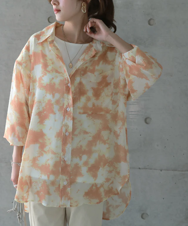 「バックスリット」重ねるお洒落 タイダイ×シアーシャツ シャツ シアーシャツ レディース シアー スリット トップス ドロップショルダー ロング ロングシャツ ブラウス チュニック シースルー タイダイ 柄 体型カバー レイヤード 大きいサイズ 春 夏 HUG.U メール便 - Image 19