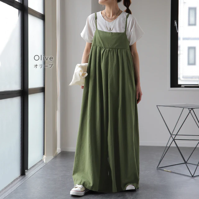 華奢紐 ×ワイド サロペット オールインワン レディース キャミソール 大きいサイズ サロペ ワイドパンツ パンツ ワイド キャミ 体型カバー ビッグシルエット ゆったり つなぎ コットン100% ロング 黒 カーキ ブラック ズボン 脚長 春 夏 HUG.U - Image 10