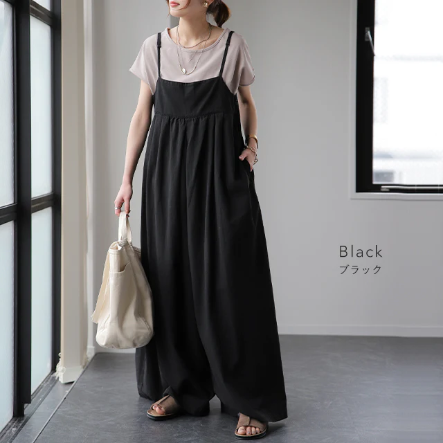 華奢紐 ×ワイド サロペット オールインワン レディース キャミソール 大きいサイズ サロペ ワイドパンツ パンツ ワイド キャミ 体型カバー ビッグシルエット ゆったり つなぎ コットン100% ロング 黒 カーキ ブラック ズボン 脚長 春 夏 HUG.U - Image 11
