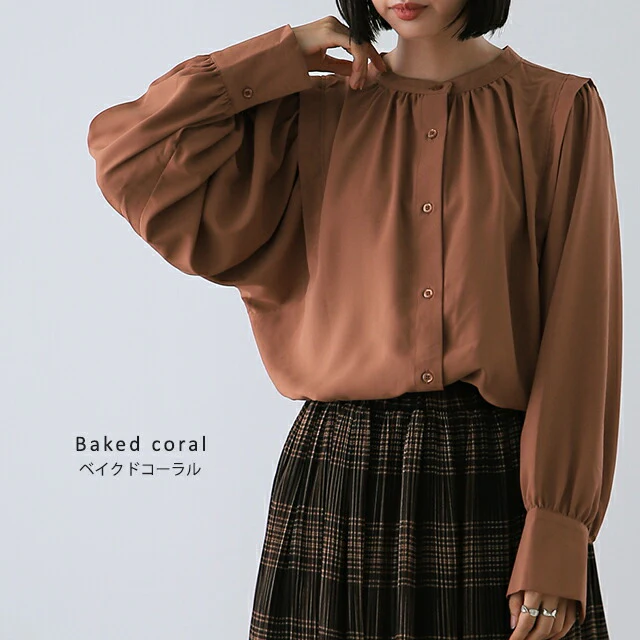とろみ ぽわん袖 前後 2way シャツ ■ トップス ブラウス レディース バンドカラー ノーカラー お尻が隠れる 長袖 無地 きれいめ チュニック ボリュームスリーブ 体型カバー ロング ロングシャツ 白 黒 大きいサイズ 春 夏 HUG.U メール便 - Image 15