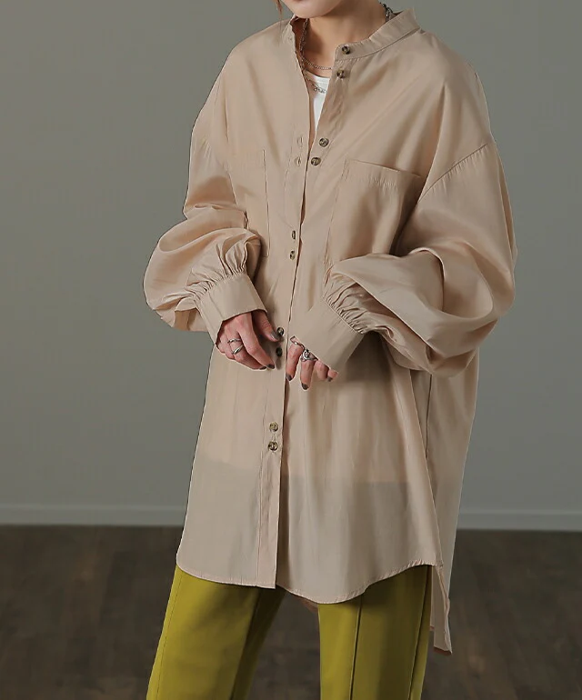 お尻が隠れる ぽわん 長袖 サテン 光沢 レディース シャツ トップス ドロップショルダー ロング ロングシャツ ブラウス チュニック 大きいサイズ 体型カバー ノーカラー きれいめ 春 夏 とろみ バンドカラー ピンク ブラック 黒 グリーン HUG.U メール便 - Image 20
