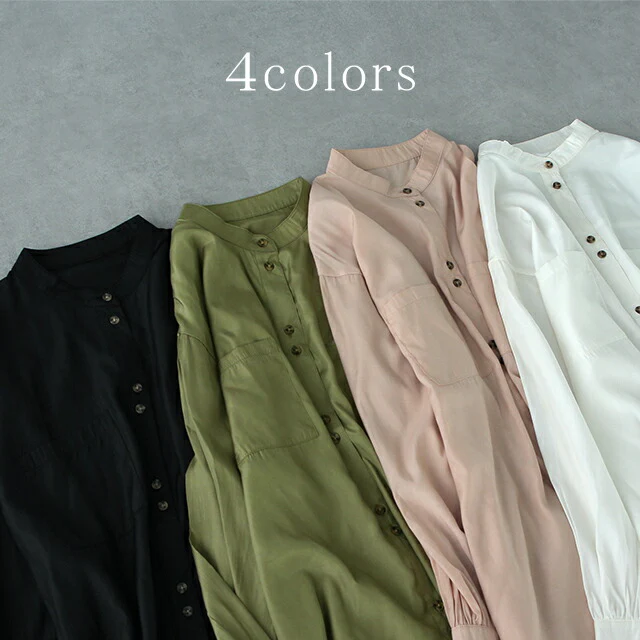 お尻が隠れる ぽわん 長袖 サテン 光沢 レディース シャツ トップス ドロップショルダー ロング ロングシャツ ブラウス チュニック 大きいサイズ 体型カバー ノーカラー きれいめ 春 夏 とろみ バンドカラー ピンク ブラック 黒 グリーン HUG.U メール便 - Image 7