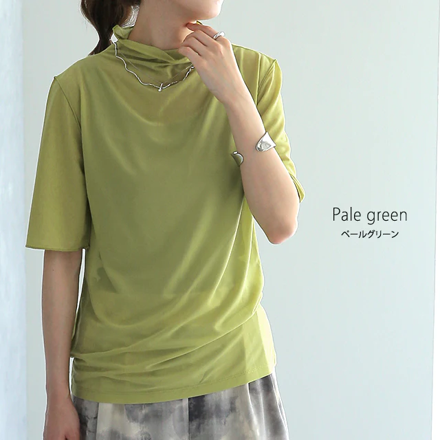 半袖 「 肌隠し 」トップス インナー シアー シースルー レディー レイヤード Tシャツ トップス ブラウス ハイネック カットソー タートル タートルネック シアートップス きれいめ 5分袖 透け メロウ 重ね着 二の腕カバー  黒 白 グリーン 春 夏 HUG.U メール便 - Image 12