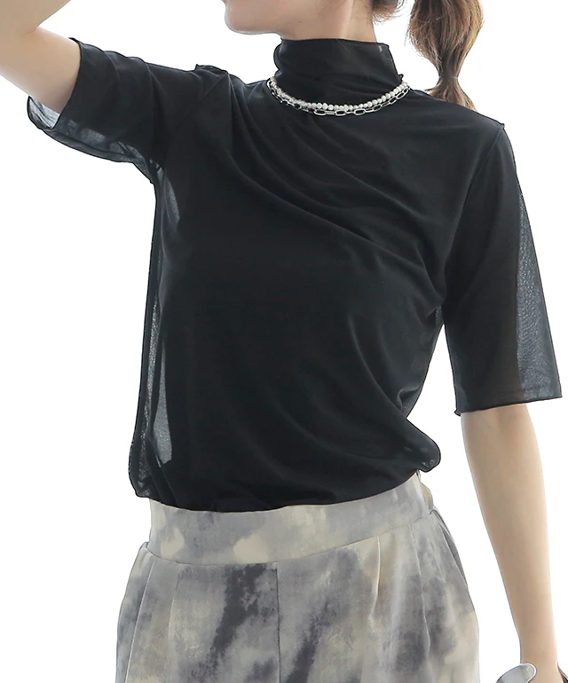 半袖 「 肌隠し 」トップス インナー シアー シースルー レディー レイヤード Tシャツ トップス ブラウス ハイネック カットソー タートル タートルネック シアートップス きれいめ 5分袖 透け メロウ 重ね着 二の腕カバー  黒 白 グリーン 春 夏 HUG.U メール便 - Image 18