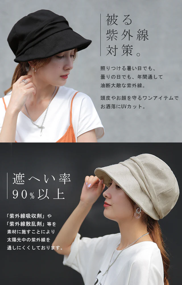 UVカット 『 遮へい率 90％！ 』 キャスケット 帽子 紫外線 ブロック 紫外線対策 日よけ キャップ ハット お出かけ 日焼け防止 ゆったり 折りたたみ 飛ばない つば広 運動会 上品 小顔効果 ぼうし お洒落 女性 大人 ブラック 黒 グレー 春 夏 秋冬 HUG.U メール便 - Image 3