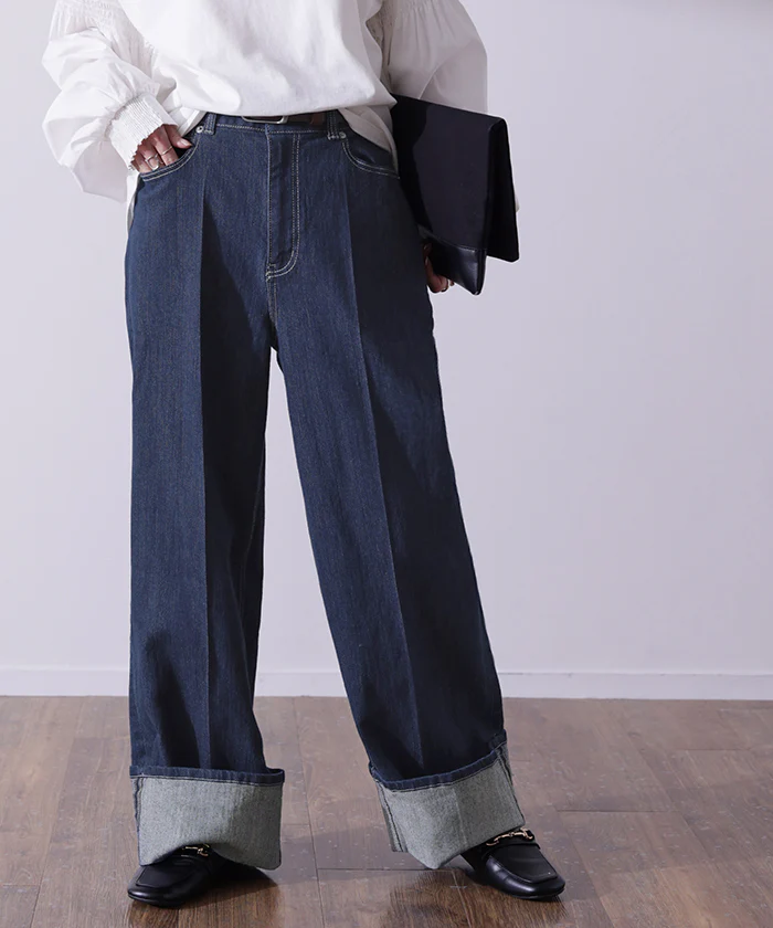 新 感 覚「美脚 センタープレス」 ロールアップ デニム パンツ デニムパンツ レディース ワイドパンツ ワイド 大きいサイズ ジーンズ ジーパン ボトム 体型カバー ボトムス ストレート ハイウエスト ズボン 伸びる ストレッチ 脚長 春 夏 HUG.U - Image 26