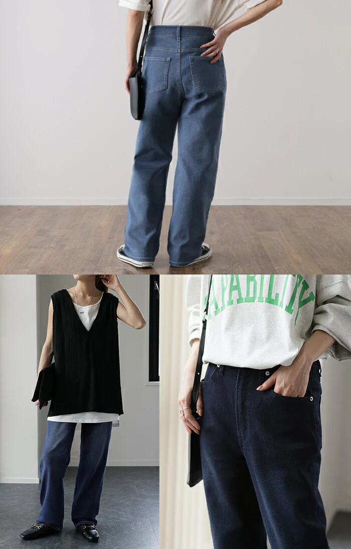 「苦しくない」 デニム パンツ ハイライズ デニムパンツ ストレートパンツ ワイドパンツ ワイド 大きいサイズ ジーンズ ジーパン ボトム 体型カバー ボトムス ストレート ズボン ゆったり ハイウエスト 伸びる ストレッチ 美脚 春 夏 HUG.U - Image 5