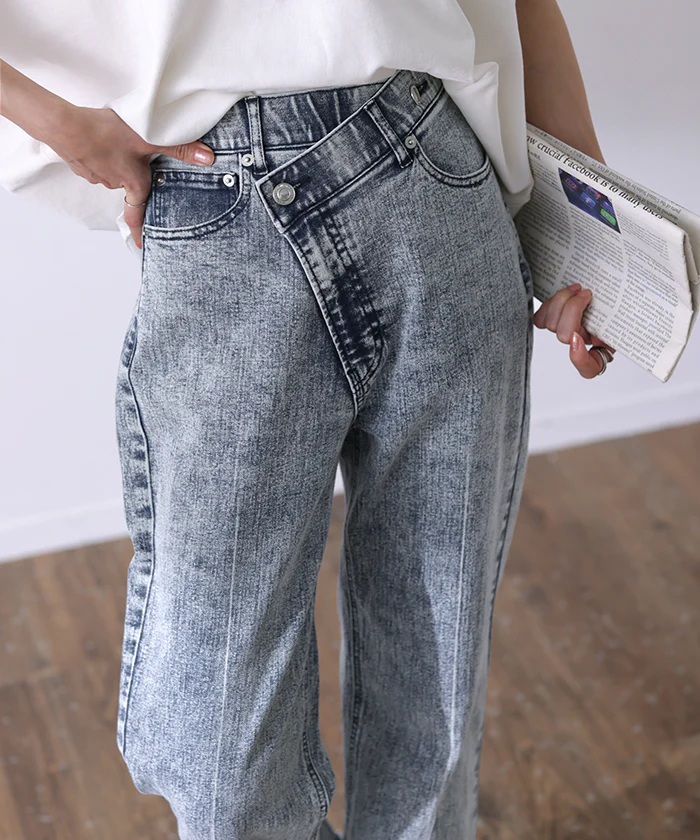「変形」なのに「新 感 覚」 デニム パンツ デニムパンツ ■一部7月下旬入荷 ハイライズ レディース アシメ 大きいサイズ ジーンズ ジーパン ボトム 体型カバー ボトムス ストレート ズボン ゆったり ハイウエスト 伸びる ゴム ストレッチ 美脚 脚長 春 夏 HUG.U - Image 5