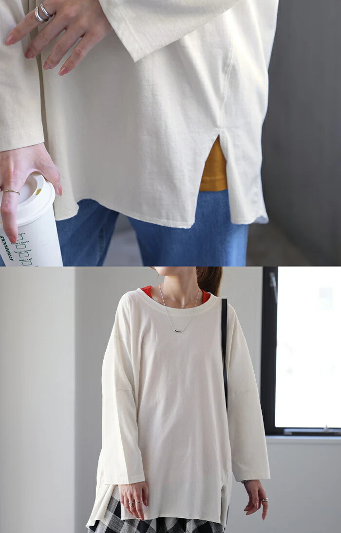 ほどよく「ゆるい。」 ロンＴ 綿100％ オーバーサイズ レディース カットソー ロンT 長袖 Tシャツ ロング チュニック ドルマン 薄手 レイヤード Uネック 無地 スリット ラウンド 大きいサイズ ゆったり 体型カバー お尻が隠れる 白 黒 春 夏 HUG.U メール便 - Image 15