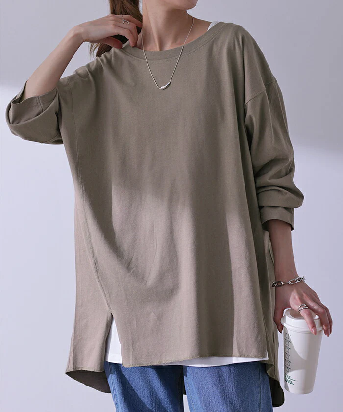ほどよく「ゆるい。」 ロンＴ 綿100％ オーバーサイズ レディース カットソー ロンT 長袖 Tシャツ ロング チュニック ドルマン 薄手 レイヤード Uネック 無地 スリット ラウンド 大きいサイズ ゆったり 体型カバー お尻が隠れる 白 黒 春 夏 HUG.U メール便 - Image 23
